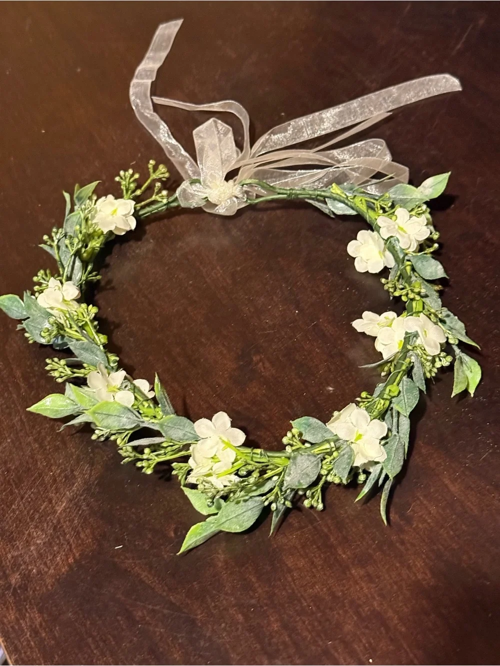 Green & White Floral Garland Headpiece Crown Adjustable Sheer Ribbon Bow Wedding